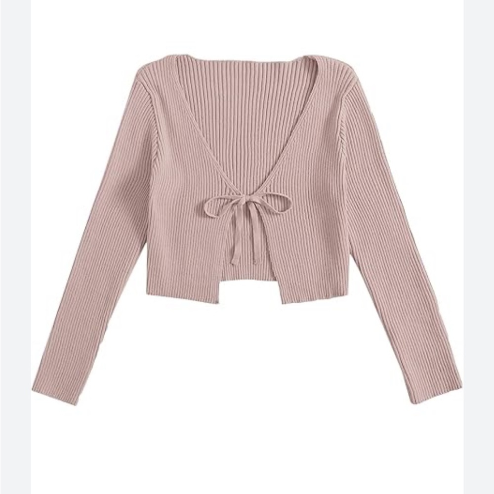 Ribbed Knit pink Tie-Front Cardigan